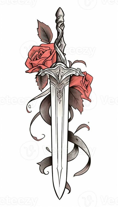 a drawing of a dagger with a rose on it. generative ai. Dagger Drawing, Vector Cityscape, Tattoo Portfolio, Higher Design, A Drawing, Tattoo Inspo, A Rose, Book Covers, Cityscape