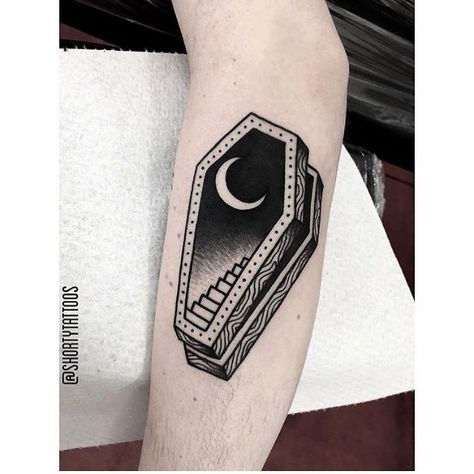 Coffin staircase tattoo on the forearm Staircase Tattoo, Negative Space Tattoos, Traditional Flash Tattoo, Coffin Tattoo, Purple Tattoos, Space Tattoos, Tattoo Spots, Creepy Tattoos, Girls Tattoo