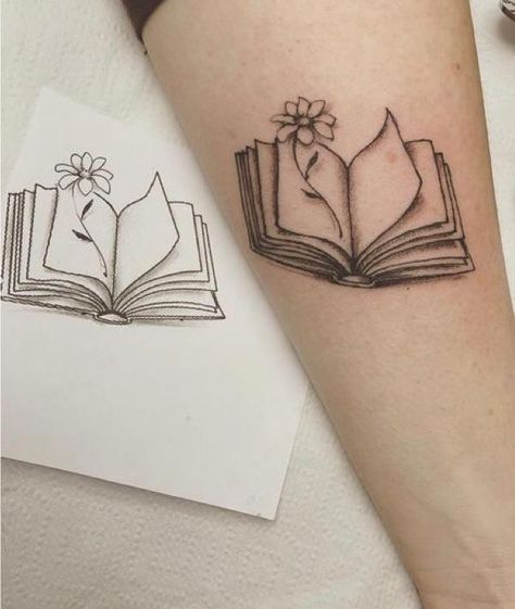 Book And Flower Tattoo, Small Book Tattoo, Writer Tattoo, Book Lover Tattoo, Books Tattoo, Lotusblume Tattoo, Book Tattoos, 42 Tattoo, Bookish Tattoos