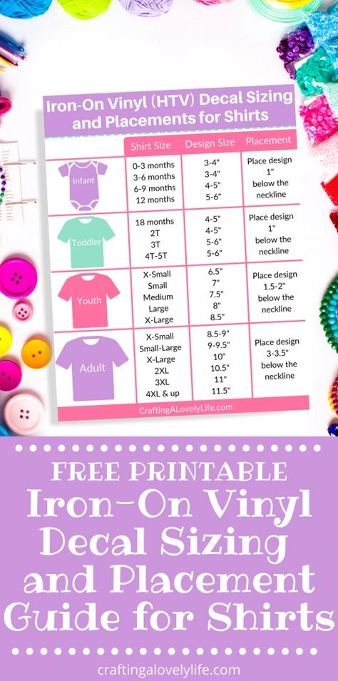 Need help figuring out what size to make the iron-on decals for your custom shirts? This free printable iron-on decal sizing and placement guide will help! Cricut | Cricut Iron-on Vinyl | Cricut Tips | Cricut for Beginners | Decal Size for Cricut Cricut Size Guide, Cricut Decal Size Chart, Htv Vinyl Placement On Shirts, Cricut Vinyl Guide, Size Of Designs On Shirts, Cricut Vinyl Size For Shirts, Cricut Tshirt Placement Guide, Decal Size For Shirts, Size Guide For Vinyl Shirts