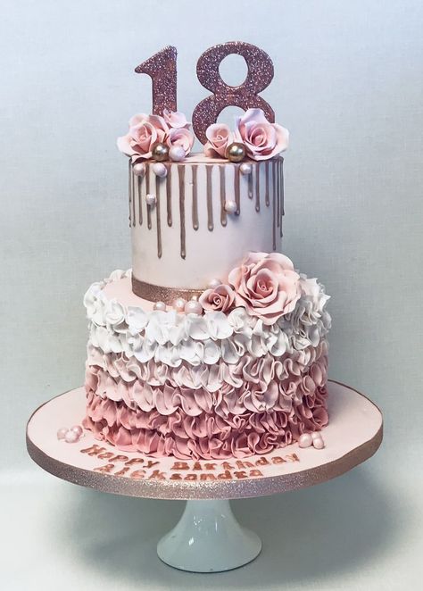 18th Birthday Cake 2 Tier Pink, Pink Cake For 18th Birthday, Rose Gold 2 Tier Cake, 18th Birthday Pink Cake, Pink Birthday Cake Two Tier, Two Tier Birthday Cake For Women, Two Tier Cake Designs Birthday, Pink 2 Tier Birthday Cake, Cake Design For 18th Birthday