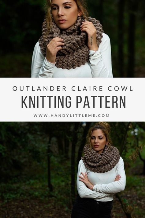 Claire's Outlander Cowl for all of you time travelling sassenachs!  Make a beginner-friendly cowl inspired by the Outlander TV series, as worn by character Claire Fraser. #cowl #outlander #kniting #knittingpatterns #outlanderknits #outlandercowl #clairecowl Outlander Cowl, Outlander Patterns, Outlander Knitting Patterns, Infinity Scarf Knitting Pattern, Knitted Cowls, Knit Cowl Pattern Free, Outlander Knitting, Knitted Wrist Warmer, Cowl Patterns