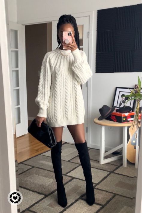 Ugly Sweater Knit Sweater Dress Outfit, Ugly Sweater Outfits, Sweater Dress With Tights, Outfit With Tights, Knitted Dress Outfit, Winter Boots Outfits, Oversized Sweater Outfit, Cable Knit Dress, Fall Sweater Dress