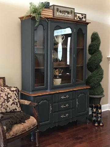 French Provincial China Cabinet / Hutch | General Finishes 2018 Design Challenge Refinished China Cabinet, French Provincial China Cabinet, Black China Cabinet, China Cabinet Decor, Farmhouse China Cabinet, China Hutch Makeover, China Cabinet Hutch, China Cabinet Redo, China Cabinet Makeover