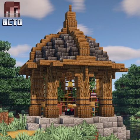 Medevil Houses Minecraft, Circular Roof Minecraft, Mining House Minecraft, Minecraft Pavilion Ideas, Minecraft Furnace House, Minecraft Village Inspiration, House Building Ideas Minecraft, Medevil Minecraft House, Minecraft Sunroom