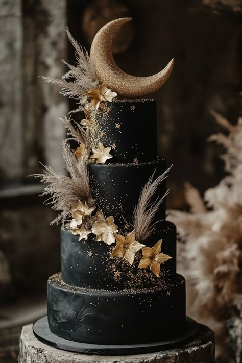 Celestial Black Wedding Cake Celestial Wedding Cake, Moon Wedding Theme, Gothic Wedding Cake, Star Themed Wedding, Celestial Wedding Theme, Starry Wedding, Starry Night Wedding, Shoot For The Stars, Black Wedding Cakes