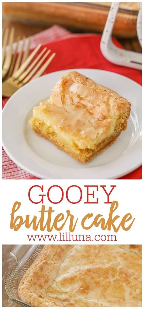 Gooey butter cake is a simple and amazingly delicious dessert with a cake batter crust and soft, gooey cream cheese top that makes it addicting! #gooeybuttercake #butter #cake #desserts #treats Key Lime Ooey Gooey Butter Cake, Cake Mix To Pound Cake, Butter Cake Gooey Paula Deen, At Louis Gooey Butter Cake, Philadelphia Gooey Butter Cake, Gooey Butter Cake With Cream Cheese, Homemade Gooey Butter Cake, Ooey Gooey Butter Cake With Box Cake, Yellow Cake Batter Recipes