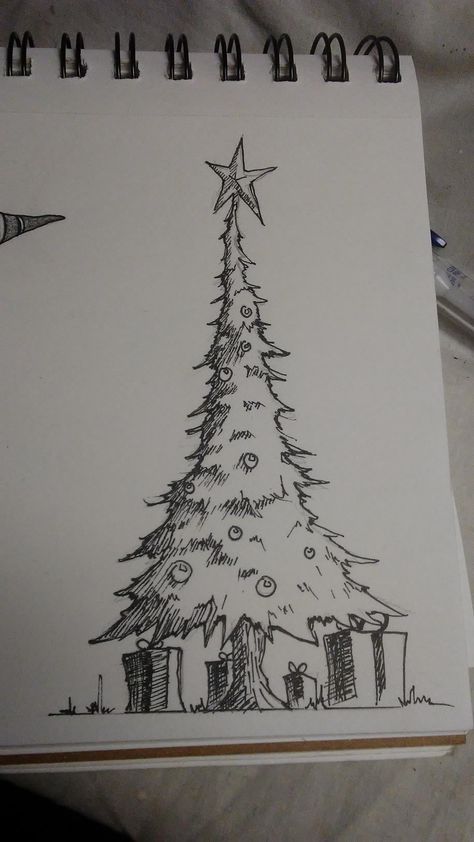 Fun Christmas Drawings, Drawing Decoration Ideas, Christmas Sketches Pencil, Christmas Sketches Easy, Christmas Pencil Drawings, Christmas Drawing Ideas Pencil, Christmas Tree Drawing Ideas, Christmas Sketch Ideas, Simple Christmas Tree Drawing