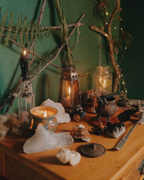 I’ve got freshly painted green walls & a new altar table 🖤 it’s been AGES since I could set up a proper altar! Every table I have in the house is always in use for something. I’m so excited to keep working on this space! . #forestwitch #witchesaltar Higher Self Altar, Green Witchcraft Altars, Hedge Witch Altar, Altar Inspiration Witchcraft, Altar Set Up, Witches Altar Ideas, Ancestor Altar Ideas, Witch's Table, Witch Altar Aesthetic