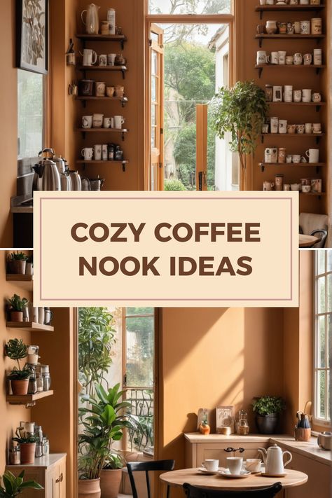 Transform your afternoon ritual with a warm and inviting coffee nook！☕ Imagine sipping your favorite brews in a space designed just for you. We gathered 10 innovative ideas that harmonize natural decor, function, and style. Create your serene artisan coffee corner with elegant decor and a touch of rustic charm. From wooden shelves and comfy seating to optimizing natural light, your dream coffee nook is just a project away! Discover how to set the mood and make every cup an experience you'll cherish every day. Coffee Area In Living Room, Tea Nook Cozy Corner, Small Coffee Corner, Comfy Cafe, Coffee Nook Ideas, Cozy Coffee Nook, Coffee Nooks, Coffee Table Inspiration, Coffee Area