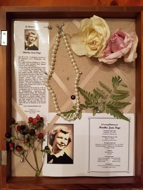 Shadow Box Grandma, Obituary Shadow Box Ideas, Memorial Shadow Box Ideas Grandparents, Shadow Box Ideas For Passed Loved Ones, Memory Shadow Box, Family Heirloom Display, Memorial Crafts, Happy 41st Birthday, Memory Box Ideas