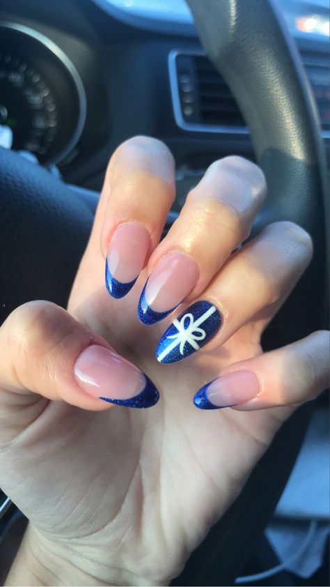 Blue French Christmas Nails, Christmas Nails Royal Blue, Royal Blue Rhinestone Nails, Blue Ribbon Nails, Royal Blue Winter Nails, Christmas Nails Navy, Christmas Nails Dark Blue, Blue Holiday Nail Designs, Nails Acrylic Royal Blue