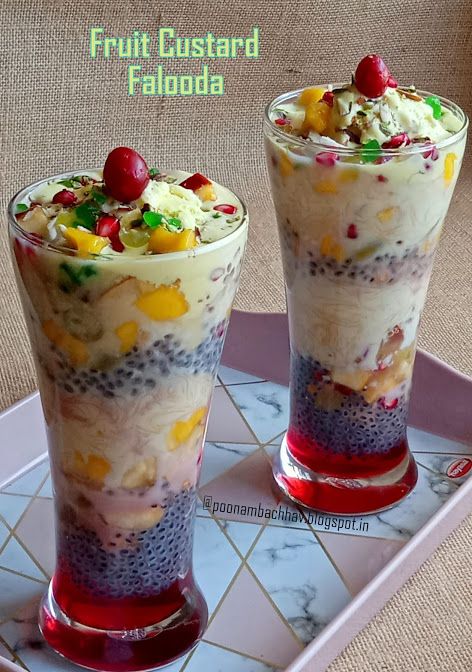 Jello Custard, Fruit Custard Recipe, Falooda Recipe, Coconut Ladoo, Fruit Custard, Rose Syrup, Baked Food, Custard Recipe, American Foods