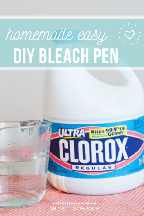 I love and use bleach pens so much, I decided to make my own easy and money saving recipe!! #thriftytips #easydiy #cleaning | happymoneysaver.com Diy Bleach Pen, Bleach Pen Diy, Natural Cleaners Diy, Diy Bleach, Homemade Bleach, Diy Household Cleaners, Bleach Pen, Homemade Cleaning Supplies, Diy Cleaning Products Recipes