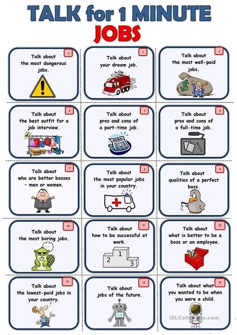 These printable conversation cards will help your students develop their speaking skills. Talk For 1 Minute, Jobs Activities For Kids, English Topics For Speaking, Talking Cards, Jobs In English, Speaking Activities Esl, Speaking Activities English, Speaking Cards, English Teaching Materials