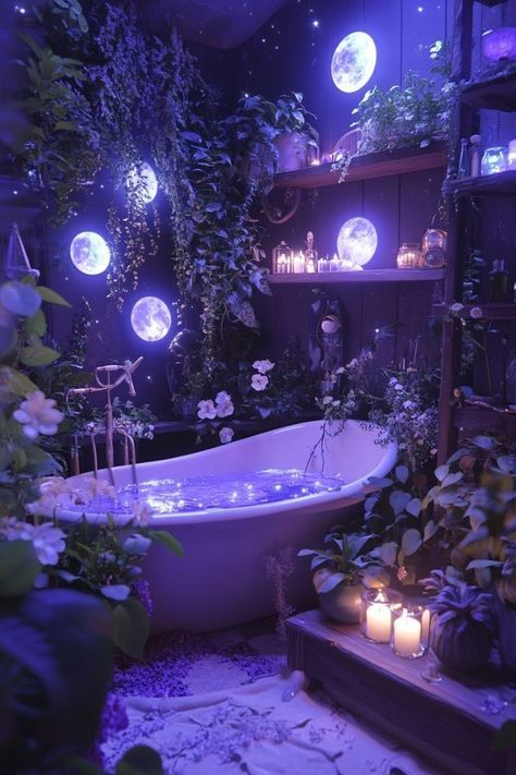 Black Bathroom Plants, Dark Fairycore Room Decor, Magical House Decor, Sea Witch Bathroom, Whimsy Goth Bathroom, Dark Plant Room, Dark Cottagecore Bathroom, Purple Witchy Bedroom, Fairy Bathroom Ideas