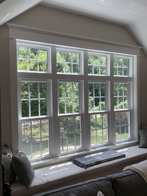 Colonial Windows, Diy Crown Molding, Wall Of Windows, Interior Window Trim, Interior Window, Window Designs, High Windows, Kitchen Addition, Window Seats