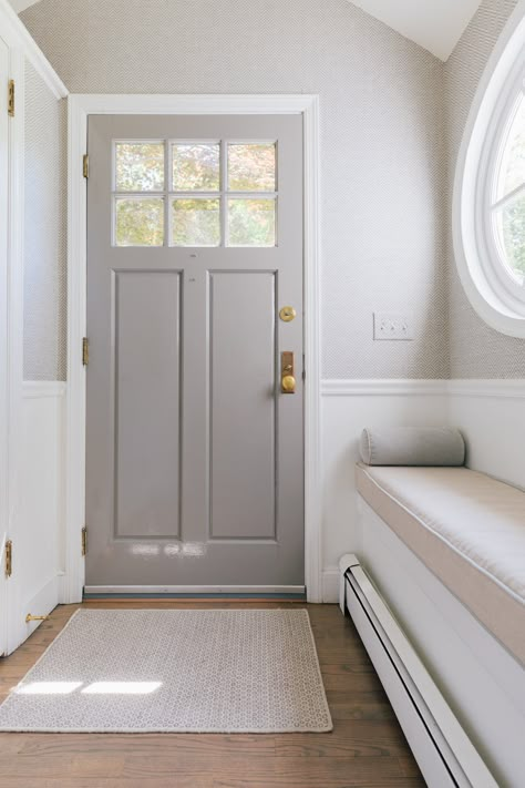 Grey Doors White Walls, Grey Doors White Trim, Painted Doors Interior, White Walls White Trim, Interior Door Color, Hallway Doors, Church Kitchen, Interior Door Colors, Grey Interior Doors