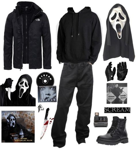 Ghost Face Mens Costume, Horror Costume Ideas Men, Ghostface Costume Aesthetic, Ghostface Costume Man, Ghostface Diy Costume, Scream Diy Costume, Halloween Aesthetic Outfits Men, Scream Clothes Aesthetic, Diy Ghostface Costume