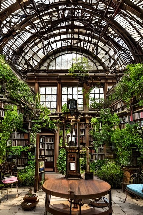 Greenhouse Library Aesthetic, Greenhouse Bookstore, Ornate Greenhouse, Solarium Library, Greenhouse Addition To House, Tropical Library, Conservatory Aesthetic, Witchy Greenhouse, Conservatory Library