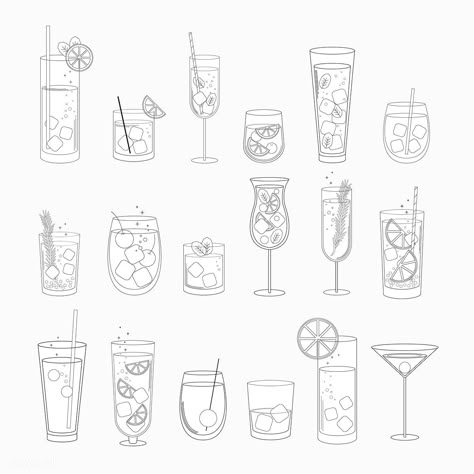 Vector of a beverage | free image by rawpixel.com Drawing Of Cocktail, Cocktail Tattoo Ideas, Cocktail Line Drawing, Cocktail Line Art, Draw Cocktail, Cocktail Glass Drawing, Mixology Tattoo, Cocktail Doodle, Cocktail Tattoo