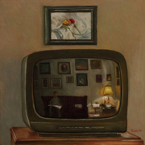 Tv Painting, Futurism Art, Reflection Painting, Oil Painting Inspiration, Fine Art Portraiture, Stuck Inside, Too Cold, Original Landscape Painting, Realism Art