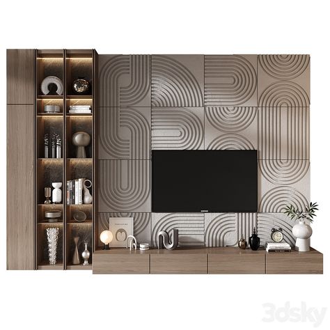 TV shelf 0789 - TV Wall - 3D model Tv Unit 3d Design, Tv Wall 3d Panel, Tv Wall Panel Design Tv Units, Tv Base Unit Design, Led Tv Panel Design For Lobby, Tv Unit Wall Panelling Design, Tv Wall Cabinets Living Room, Tv Unit For Bedroom, Wall Cabinets Living Room