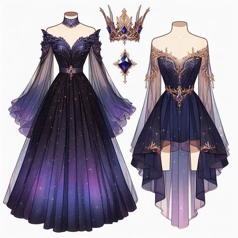 Fantasy Princess Outfit Art, Space Inspired Dress, Space Fantasy Outfit, Fantasy Dress Drawing Outfit Ideas, Galaxy Dress Drawing, Fantasy Dresses Drawing, Fantasy Dress Design Art, Manhwa Princess Dress, Fantasy Aesthetic Outfits