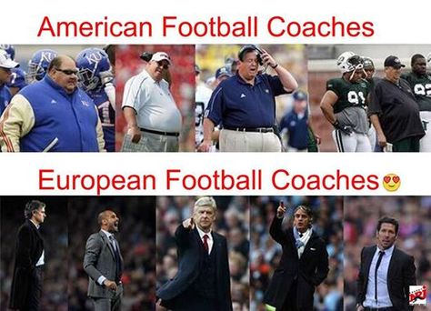 Fat American Football Coaches vs Skinny Stylish European Soccer Managers Stepan The Bear, Football Couples, Football Photography, Soccer Coaching, Football Memes, Football Funny, European Football, Football Coach, Football Pictures