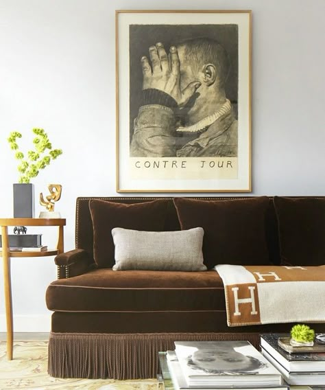 This sofa is amazing  | MyDomaine Brown Velvet Sofa, Salons Cottage, Brown And Cream Living Room, Dark Brown Couch Living Room, Brown Walls Living Room, Dark Brown Couch, Dark Brown Sofas, Brown Sofa Living Room, Brown Living Room Decor