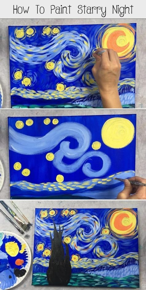 Paint Starry Night, Starry Night Tattoo, Starry Night Art, Starry Night Painting, Arte Van Gogh, Elementary Art Projects, Van Gogh Art, Artists For Kids, Homeschool Art