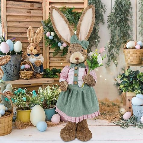 Amazon.com: DR.DUDU Large Sisal Easter Bunny Decoration, 2.7 ft Standing Rabbit Figure with Flowers, Spring Decor Bunny Statue, Easter Sculptur Big Sisal Bunny for Home Indoor Outdoor Farmhouse Porch : Clothing, Shoes & Jewelry Flowers For Porch, Green And Pink Dress, Decorations With Flowers, Standing Rabbit, Spring Outdoor Decor, Farmhouse Spring Decor, Large Bunny, Rabbit Statue, Easter Bunny Decor