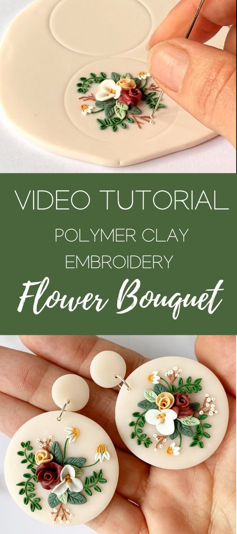 VIDEO: Flower Bouquet Earrings| Polymer Clay Embroidery Free Tutorial - My Vian Making Flowers With Polymer Clay, Polymer Clay Tiny Flowers Tutorial, Polymer Clay Embroidery Earrings, Polymer Clay Floral Tutorial, How To Make Clay Flowers For Earrings, How To Make Small Polymer Clay Flowers, Flowers Clay Tutorial, Wood And Polymer Clay, Polymer Clay Mini Flowers Tutorial