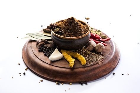 Indian garam masala powder in bowl and i... | Premium Photo #Freepik #photo #coriander-powder #spices-powder #pepper-powder #garam-masala Moody Background, Garam Masala Powder, Pepper Powder, Coriander Powder, Garam Masala, Premium Photo, Chips, Stock Photos, Bowl