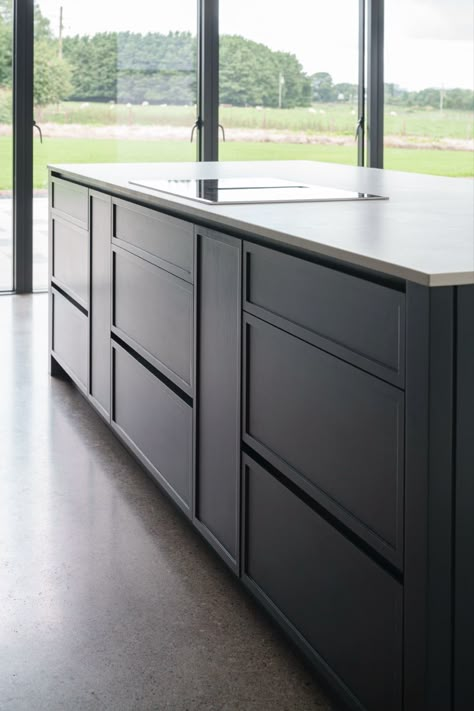 Slim shaker island with finger pull handle Shaker Cabinets With Finger Pulls, Finger Pulls On Shaker Cabinets, Slim Shaker Kitchen Cabinet, Green Slim Shaker Kitchen, Shaker Kitchen Handles, Modern Slim Shaker Cabinet, Slim Shaker Cabinets Kitchen, Shaker Slim Cabinet, Slim Shaker Kitchen