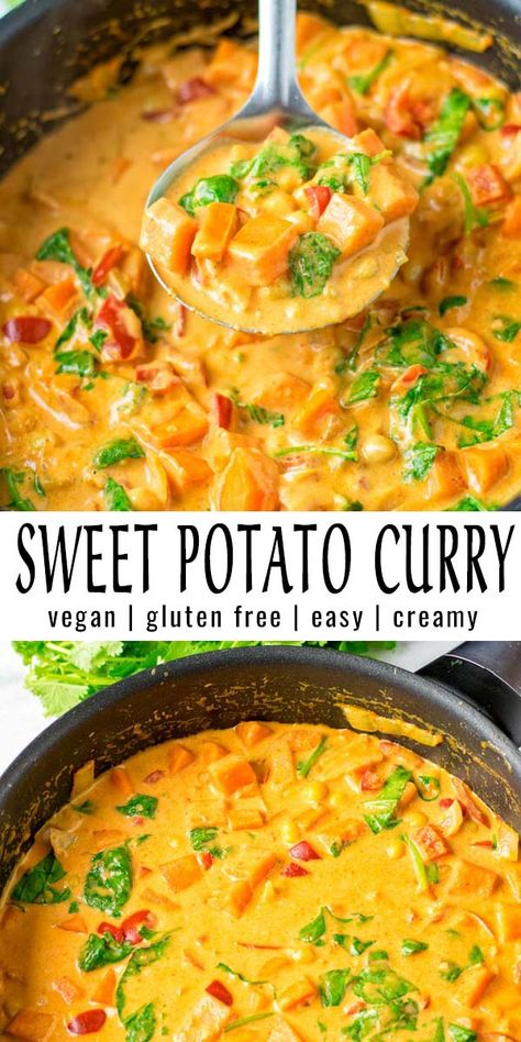 This Sweet Potato Curry is made in one pot and packed with flavor. A keeper that the whole family will love even pickiest kids. No one would ever tell it is naturally vegan. #vegan #glutenfree #dairyfree #vegetarian #dinner #lunch #mealprep #contentednesscooking #sweetpotatocurry #onepotmeals Sweet Potato Curry Vegan, Sweet Potato Curry, Crockpot Healthy, Resep Diet, Potato Curry, Tasty Vegetarian Recipes, India Food, Dinner Healthy, Recipes Crockpot