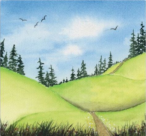 A watercolor print of brilliant spring green rolling hills, and a path leading to a forest of pine trees. With birds flying in the distance in a sky of dappled clouds. Rolling Hills Painting, Pencil Sketches Landscape, Pine Tree Drawing, Forest Drawing, Painted Hills, Spring Forest, Flower Sketches, Bullet Journal Design Ideas, Spring Landscape