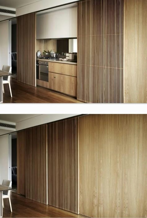 Kitchen Sliding Doors, Hidden Kitchen, 아파트 인테리어, Mini Kitchen, Tiny Kitchen, Hallway Ideas, Kitchen Cabinet Design, Modern House Exterior, Small Apartments