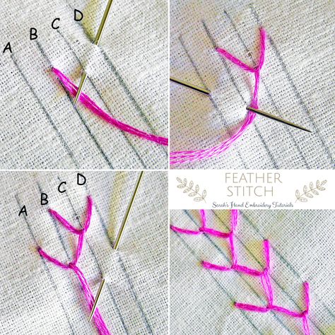 Step-by-step tutorial of Feather Stitch. Use this on floral and leaf hand embroidery patterns. An easy stitch for beginners. Learn hand embroidery the easy way! Click for more information on this stitch Embroidery Feather Stitch, Feather Stitch Embroidery Design, Feather Stitch Embroidery, Running Embroidery, Embroidery Tutorial Step By Step, Embroidery Neck Design, Diy Embroidery Shirt, Free Hand Embroidery, Embroidery Stitches Beginner