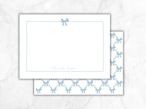 Elevate your correspondence with our Grandmillennial-inspired digital download stationary. This beautifully designed template features a classic, light blue monogram or name adorned with a watercolor blue bow and polka dot border on the front, creating an air of timeless elegance. The back of the stationary showcases a sophisticated bow trellis print, adding a touch of charm. Girly Stationary, Postcard Ideas, Custom Stationary, Watercolor Blue, Name Initials, Cute Bow, Bow Design, Blue Bow, Personalized Stationery