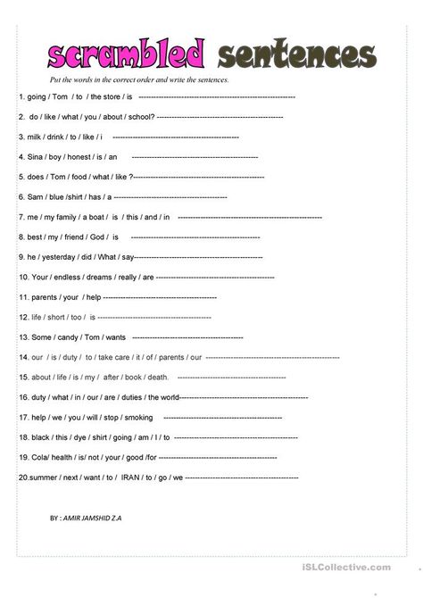 Scrambled sentences - English ESL Worksheets for distance learning and physical classrooms Sentence Word Order Worksheet, Sentence Order Worksheets, Scramble Sentences Worksheets, Simple Sentences Activities, Scrambled Sentences Worksheet, Adjectives To Describe Personality, Sentence Unscramble, Sentence Worksheet, Building Sentences