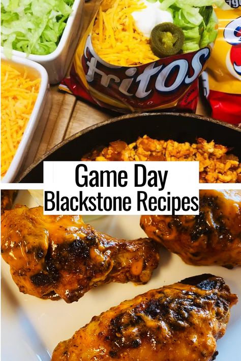 wings and walking tacos Grill Top Recipes, Tailgate Griddle Recipes, Flat Top Grill Desserts, Griddle Tailgate Food, Appetizers On The Blackstone, Blackstone Gameday Recipes, Appetizers On Blackstone Griddle, Game Day Grilling, Tailgate Blackstone