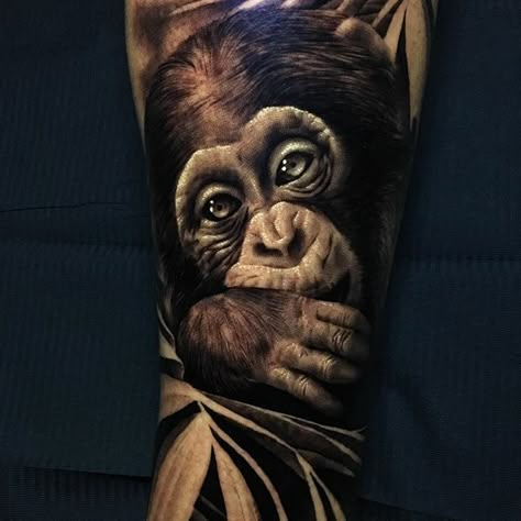 Ash Higham baby chimp tattoo Chimpanzee Tattoo Design, Chimp Tattoo Ideas, Realistic Monkey Tattoo, Monkey Tattoo Men, Baby Monkey Tattoo, African Animal Tattoo, Gorilla Tattoo Stencil, Jungle Tattoo Sleeve, Chimp Tattoo