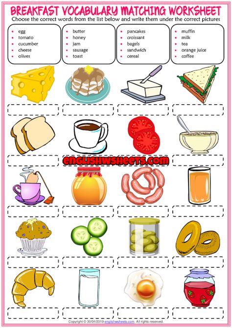 Breakfast ESL Vocabulary Matching Exercise Worksheet Breakfast Lunch Dinner Worksheet, Food Vocabulary English, Favorite Food Worksheet, At The Restaurant Vocabulary, Cooking Vocabulary Worksheets, Esl Worksheets For Beginners, Word Search Puzzles Printables, English For Beginners, Esl Vocabulary