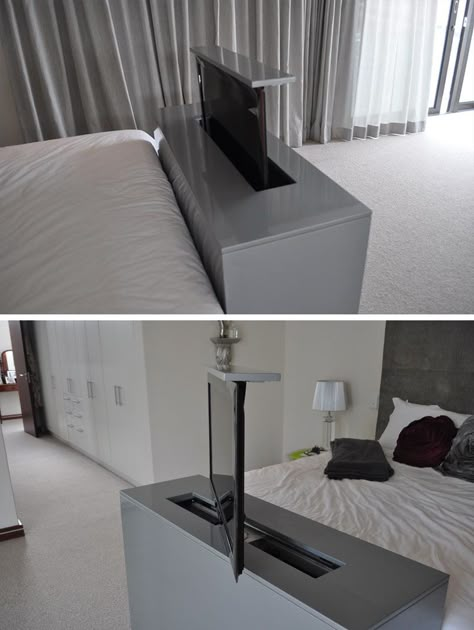 7 Ideas For Hiding A TV In A Bedroom // The TV built into the foot of this bed rises up and swivels to allow for bed viewing as well as viewing from any other angle in the bedroom. Beds With Tv Built In, Tv At Foot Of Bed Hidden Tv, Tv Beds Hidden Tv, Hidden Tv Ideas Bedroom, Hiding Tv In Bedroom, Bed With Tv Built In, Tv In Small Bedroom Ideas, Small Bedroom Tv Ideas, Bedroom Ideas Tv