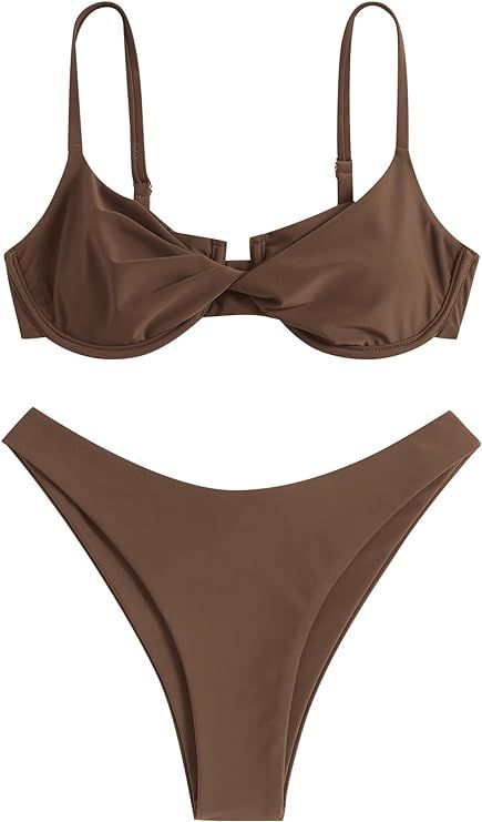 ZAFUL Women's Twist Front Bikini Sets Underwire Tie Back Bikini High Waisted Two Piece Swimsuit Lace Swimsuit, Zaful Bikinis, Twist Front Top, Two Piece Swimsuit, Summer Swim Suits, Twist Front, Tie Backs, Tie Back, Bathing Suits