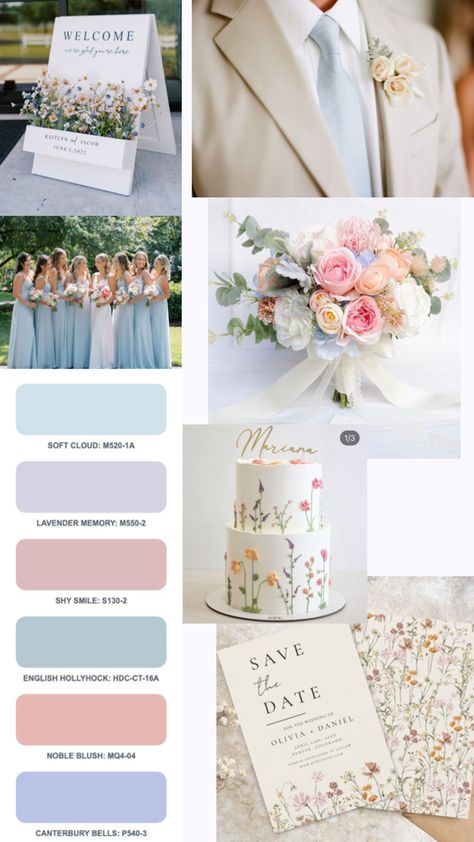 Spring Color Palette Wedding Colour Schemes, Wedding Color Schemes Summer Beach, Wedding Pastel Decoration, Pink And Light Blue Wedding Theme, Beach Wedding Pastel Colors, Blue And Pink Wedding Color Palette, Soft Pastel Wedding Theme, Blue Wedding Theme Spring, Champagne And Pastel Wedding