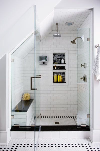 A crisp black-and-white-tiled shower, tucked under attic eaves, feels spacious. | Photo: Eric Roth | thisoldhouse.com Design Seed, Bilik Air, Loft Bathroom, Attic Bathroom, Attic Renovation, Attic Remodel, Master Bath Remodel, Bad Design, Upstairs Bathrooms