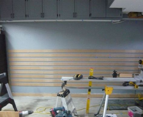 French Cleat wall - Why did you chose your spacing? - by Murdock @ LumberJocks.com ~ woodworking community French Cleat Garage Wall, French Cleat Wall Garage, French Cleat Tool Wall, Garage Wall Storage Diy, Garage Shiplap Wall, French Cleat Wall System, Diy French Cleat Wall, French Cleat Office Wall, French Cleat Garage