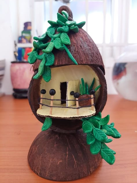 Coconut shell craft Crafts Using Coconut Shell, Craft From Coconut Shell, Art From Coconut Shell, Art With Coconut Shell, Painted Coconut Shell Art, Crafts With Coconut Shells, Art On Coconut Shell, Coconut Crafts For Kids, Coconut Shell Crafts For Kids